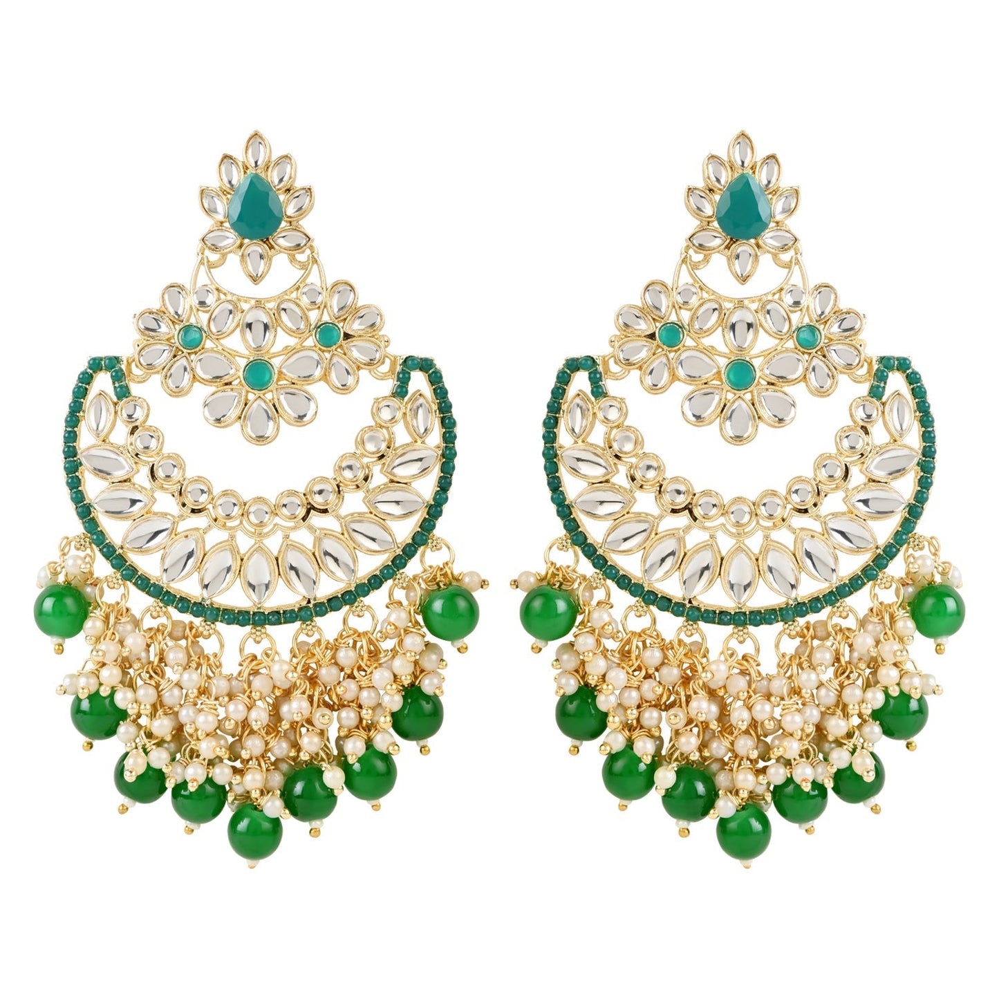 Women's 18K Gold Plated Traditional Pearl Kundan Beaded Chandbali Earrings (E3056G)