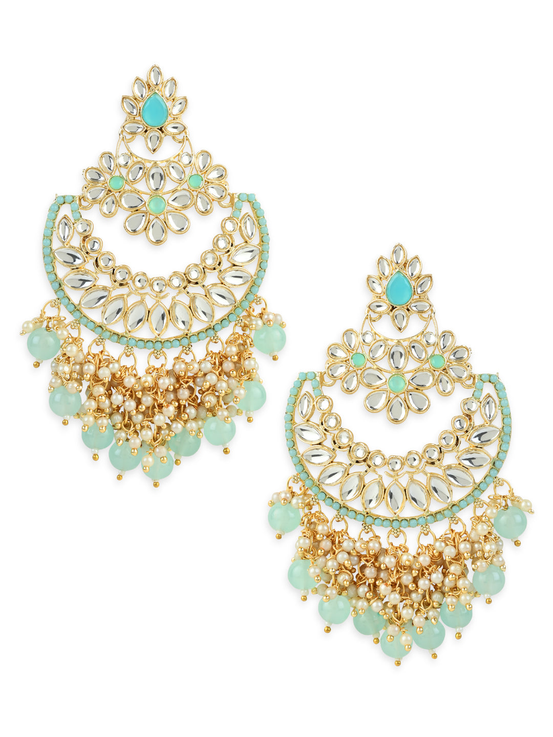 Women's 18K Gold Plated Traditional Pearl Kundan Beaded Chandbali Earrings (E3056Sb)