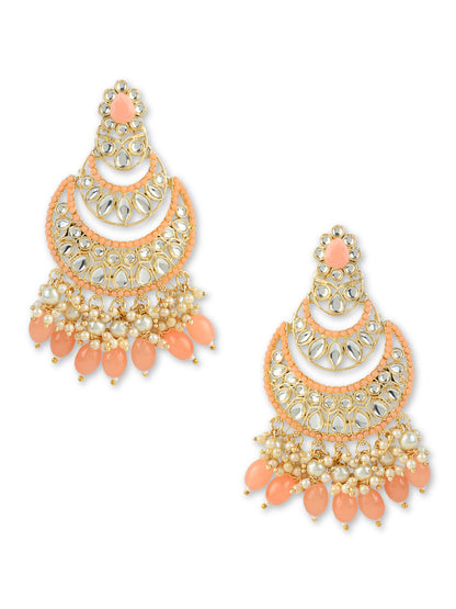 Women's 18K Gold Plated Traditional Handcrafted Pearl Kundan Beaded Chandbali Earrings (E3057Pe)