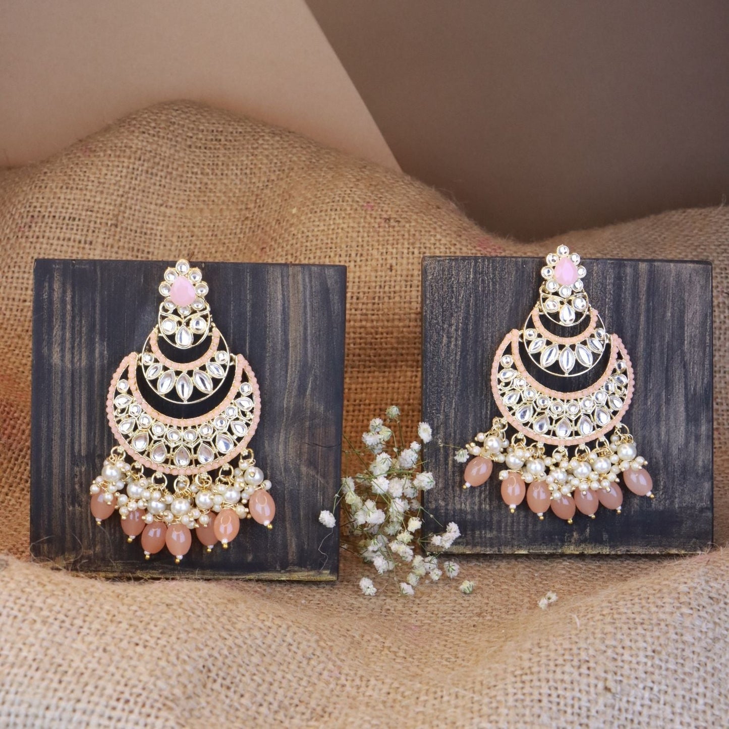 Women's 18K Gold Plated Traditional Handcrafted Pearl Kundan Beaded Chandbali Earrings (E3057Pe)