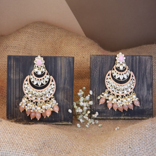 Women's 18K Gold Plated Traditional Handcrafted Pearl Kundan Beaded Chandbali Earrings (E3057Pe)