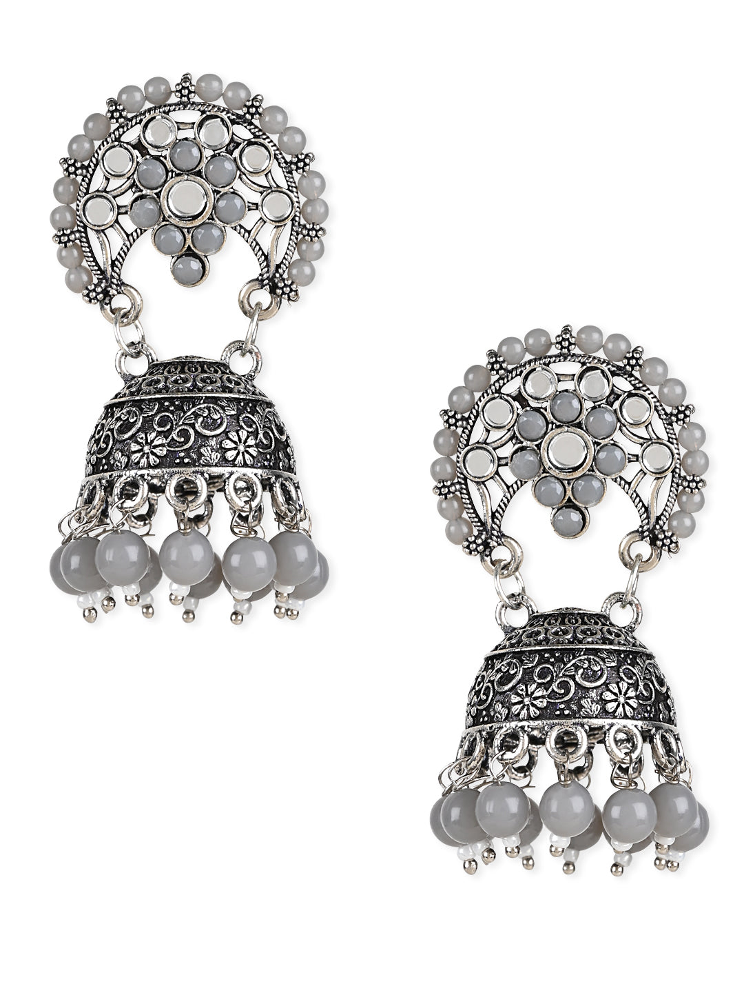 Women's 18K Silver Oxidised Traditional Kundan & Stone Studded Jhumka Earrings (E3061Zgr)