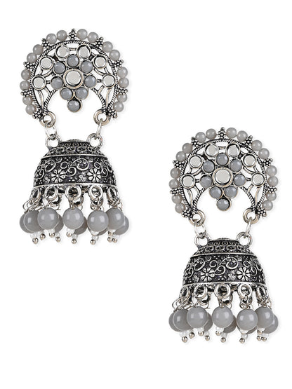 Women's 18K Silver Oxidised Traditional Kundan & Stone Studded Jhumka Earrings (E3061Zgr)