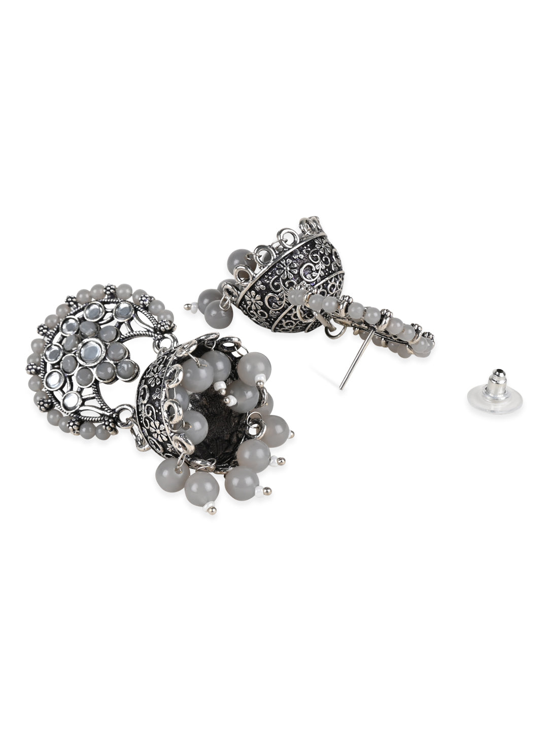 Women's 18K Silver Oxidised Traditional Kundan & Stone Studded Jhumka Earrings (E3061Zgr)