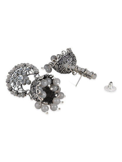 Women's 18K Silver Oxidised Traditional Kundan & Stone Studded Jhumka Earrings (E3061Zgr)