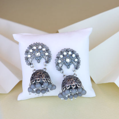 Women's 18K Silver Oxidised Traditional Kundan & Stone Studded Jhumka Earrings (E3061Zgr)