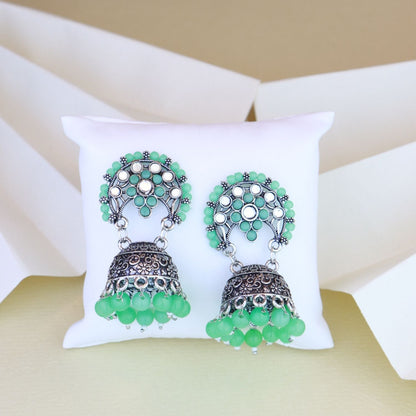 Women's 18K Silver Oxidised Traditional Kundan & Stone Studded Jhumka Earrings (E3061Zmin)