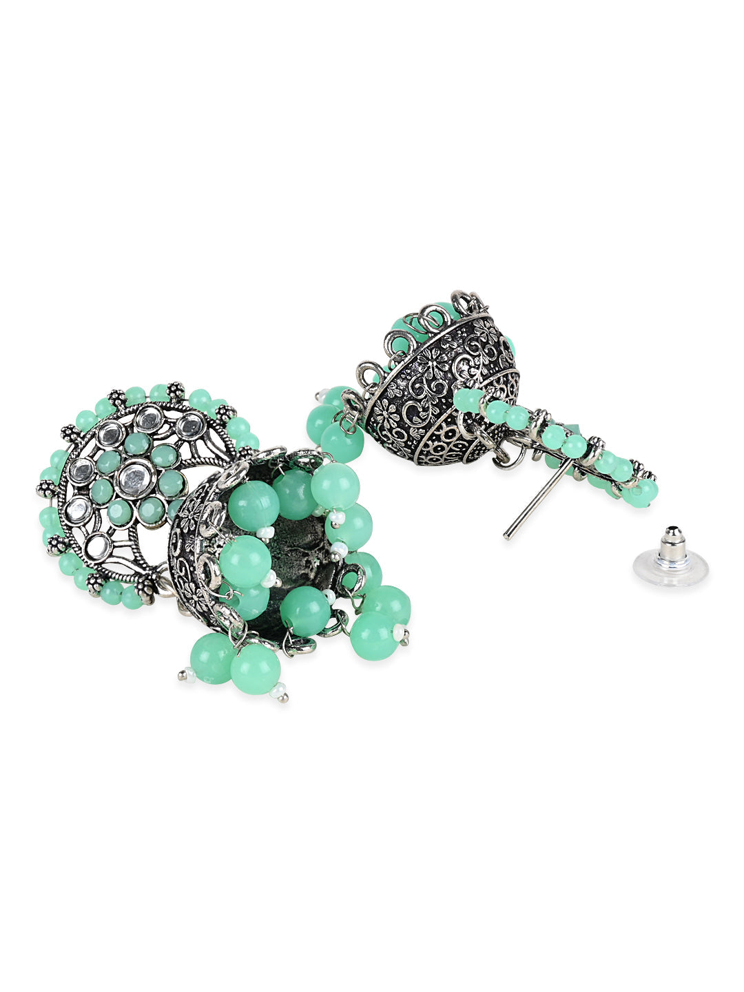 Women's 18K Silver Oxidised Traditional Kundan & Stone Studded Jhumka Earrings (E3061Zmin)