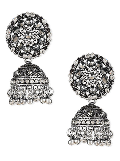 Women's 18K Silver Oxidised Traditional Kundan & Stone Studded Jhumka Earrings (E3062Ox)