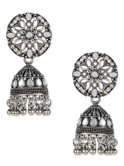 Women's 18K Silver Oxidised Traditional Kundan & Stone Studded Jhumka Earrings (E3063Ox)