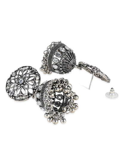Women's 18K Silver Oxidised Traditional Kundan & Stone Studded Jhumka Earrings (E3063Ox)