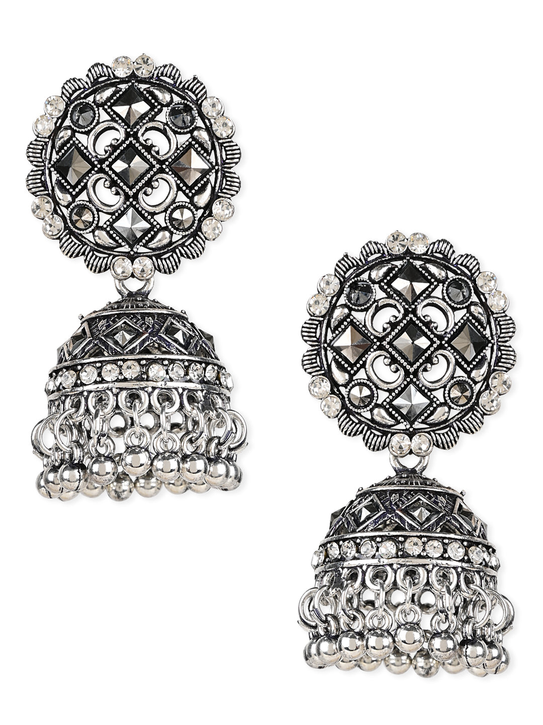 Women's 18K Silver Oxidised Traditional Kundan & Stone Studded Jhumka Earrings (E3064Ox)