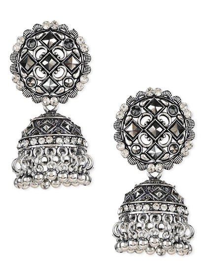 Women's 18K Silver Oxidised Traditional Kundan & Stone Studded Jhumka Earrings (E3064Ox)