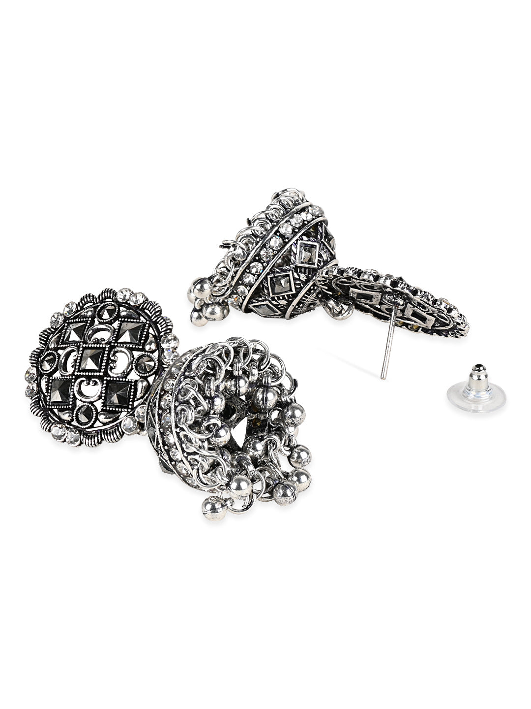 Women's 18K Silver Oxidised Traditional Kundan & Stone Studded Jhumka Earrings (E3064Ox)
