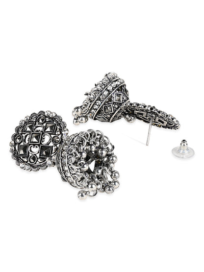 Women's 18K Silver Oxidised Traditional Kundan & Stone Studded Jhumka Earrings (E3064Ox)