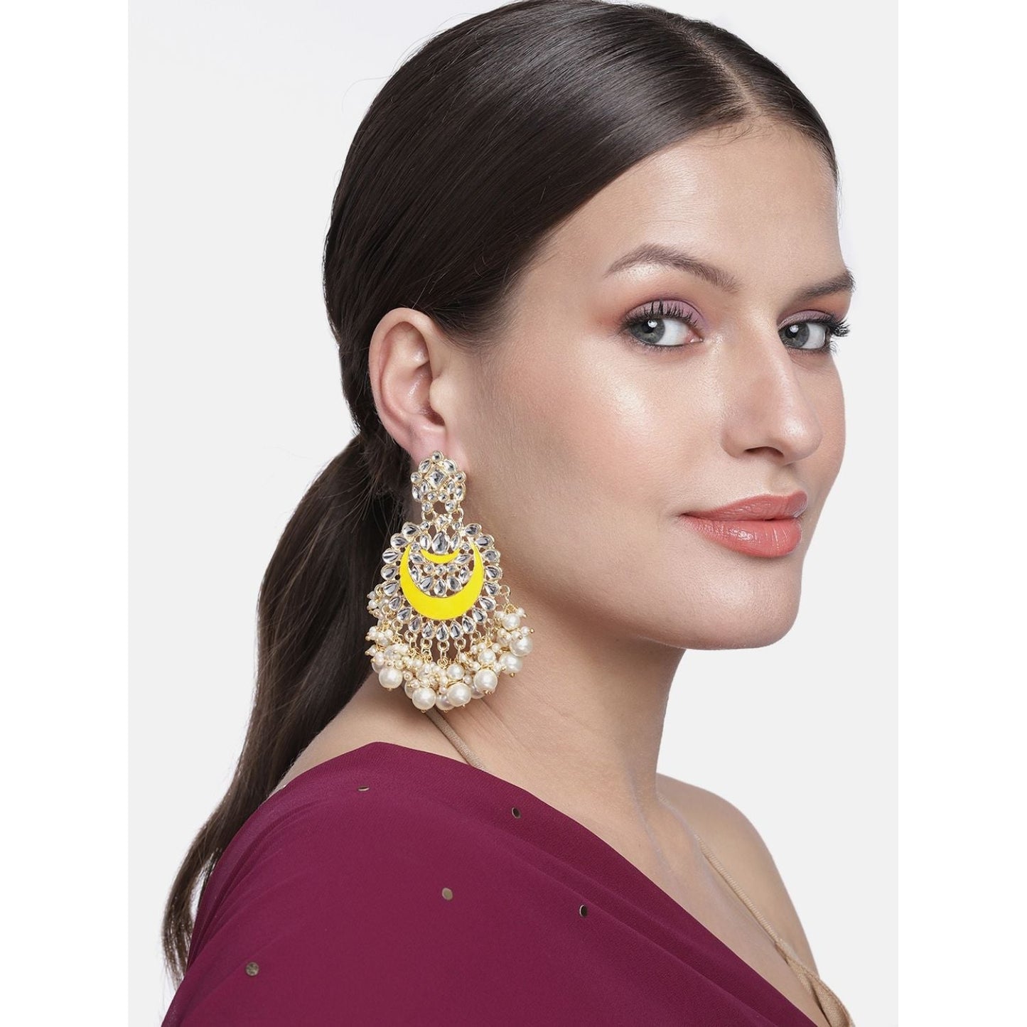 Women's 18K Gold Plated Intricately Designed Traditional Meenakari Chandbali Earrings Glided With Kundans & Pearls (E306Y)