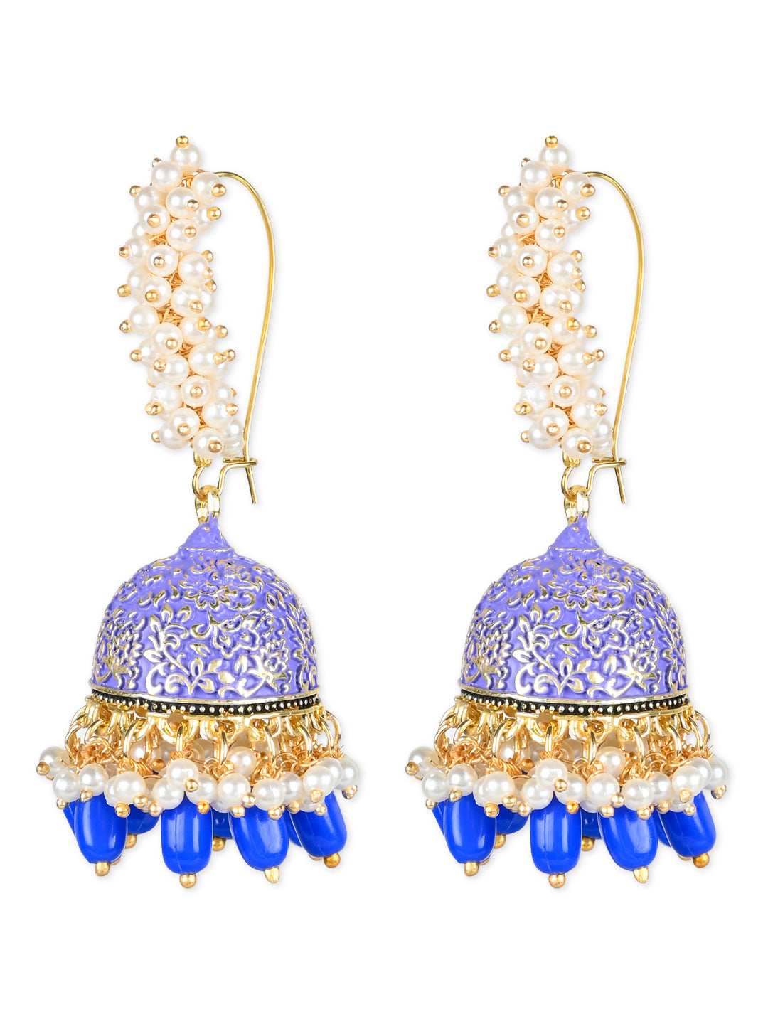Women's Gold Plated Traditional Meenakari Handcrafted Blue Pearl Jhumki Earrings (E3072Bl)
