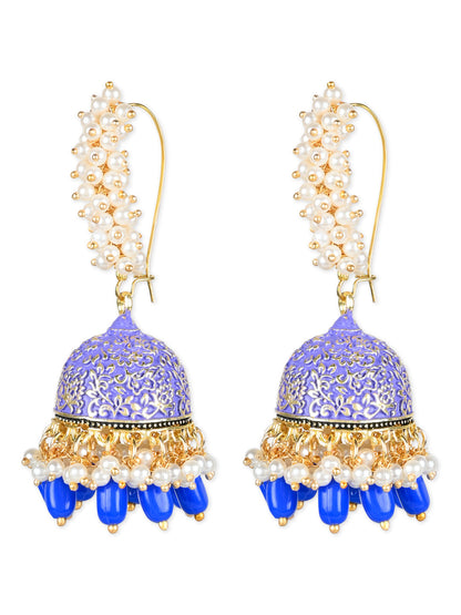 Women's Gold Plated Traditional Meenakari Handcrafted Blue Pearl Jhumki Earrings (E3072Bl)