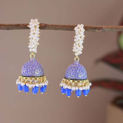 Women's Gold Plated Traditional Meenakari Handcrafted Blue Pearl Jhumki Earrings (E3072Bl)