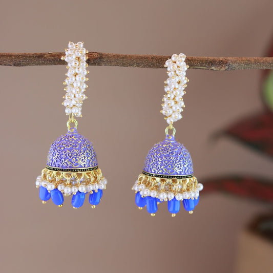 Women's Gold Plated Traditional Meenakari Handcrafted Blue Pearl Jhumki Earrings (E3072Bl)