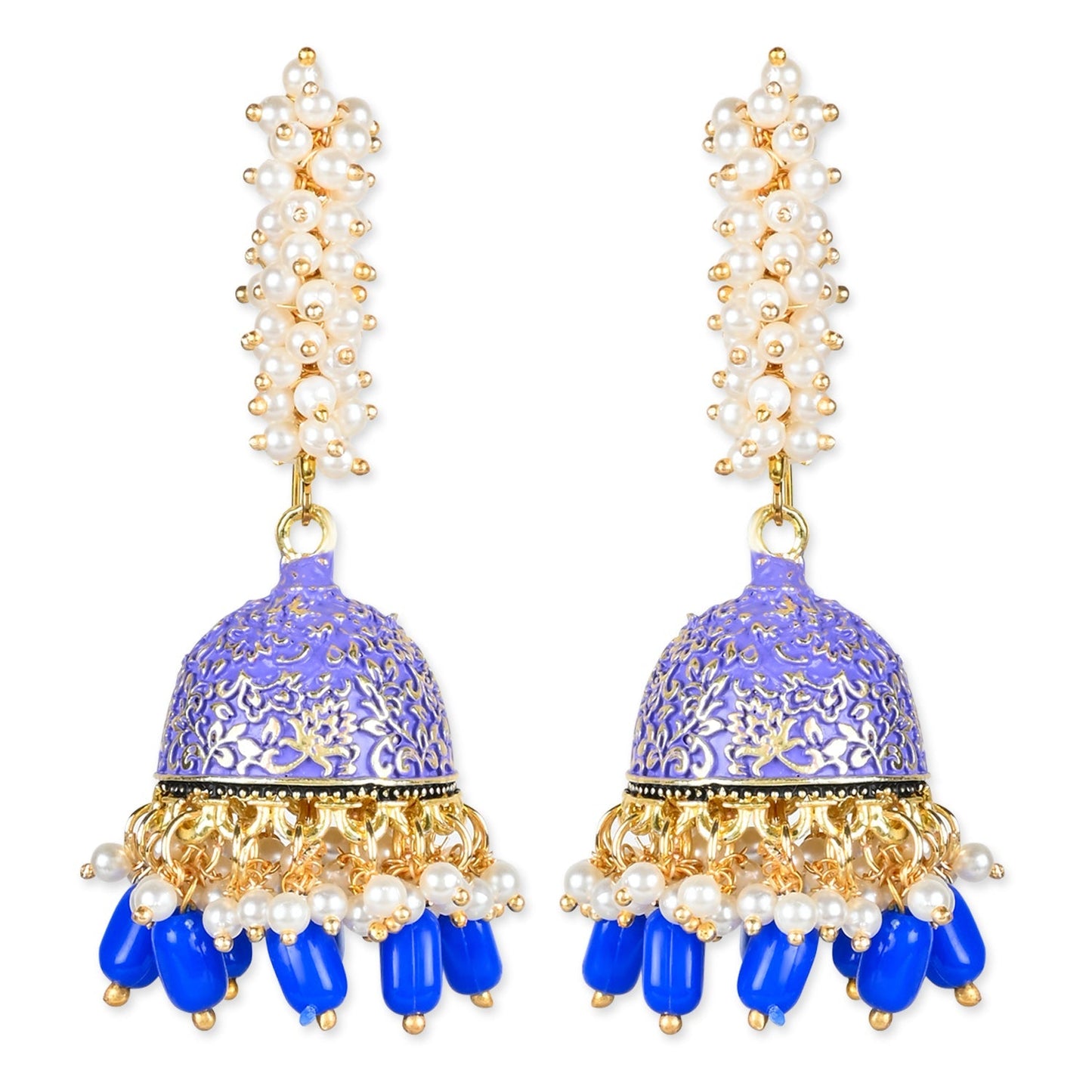 Women's Gold Plated Traditional Meenakari Handcrafted Blue Pearl Jhumki Earrings (E3072Bl)