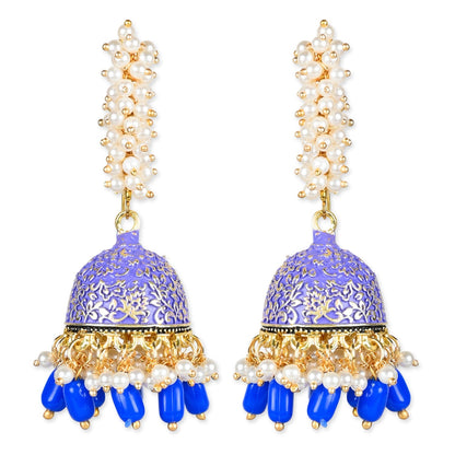 Women's Gold Plated Traditional Meenakari Handcrafted Blue Pearl Jhumki Earrings (E3072Bl)