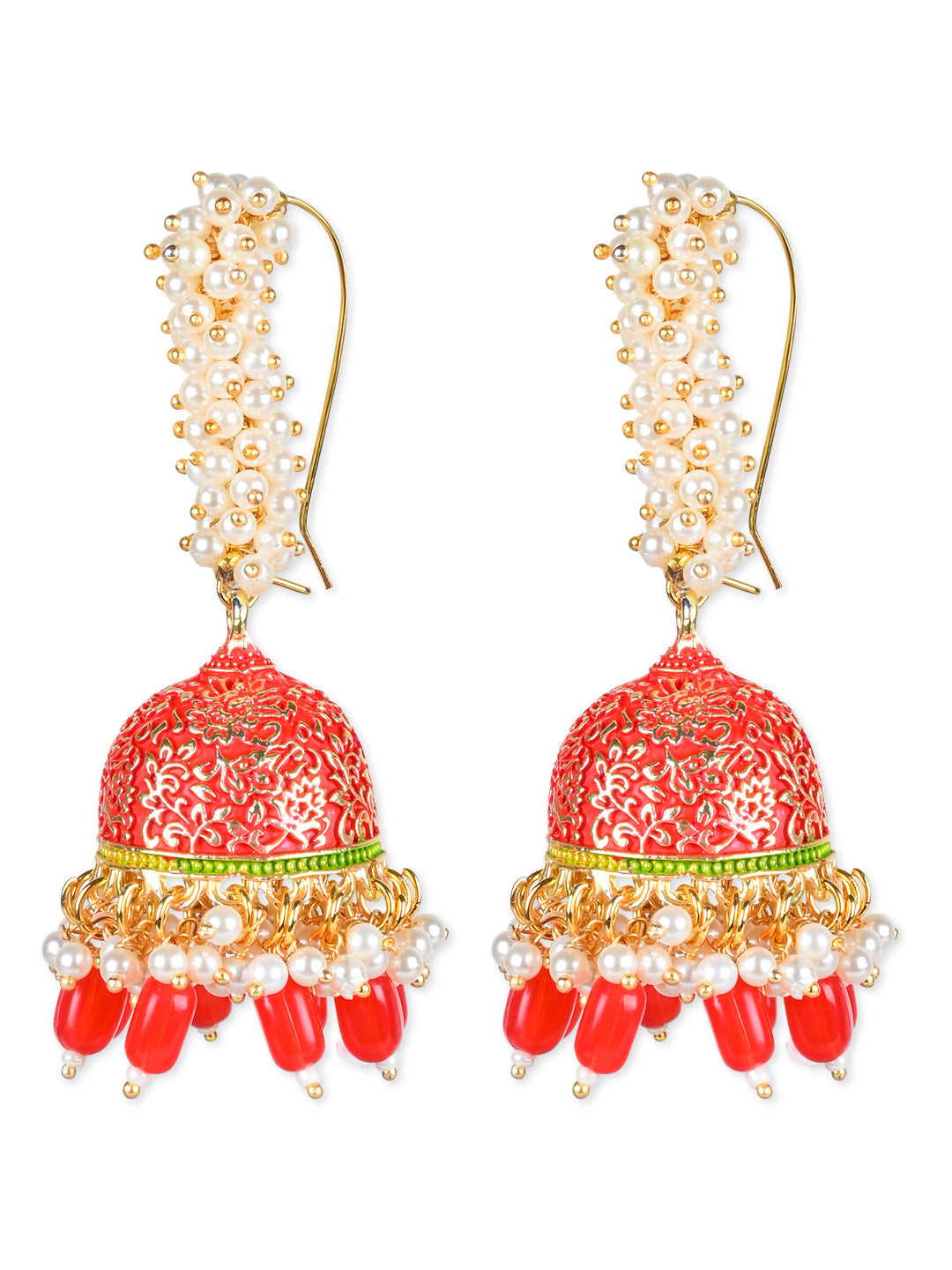 Women's Gold Plated Traditional Meenakari Handcrafted Red Pearl Jhumki Earrings (E3072R)