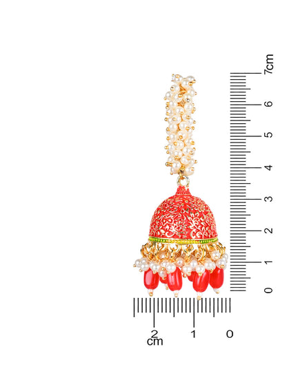 Women's Gold Plated Traditional Meenakari Handcrafted Red Pearl Jhumki Earrings (E3072R)