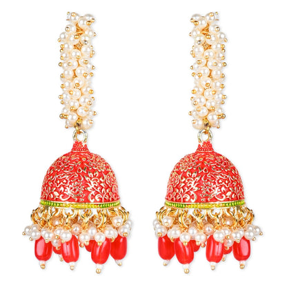 Women's Gold Plated Traditional Meenakari Handcrafted Red Pearl Jhumki Earrings (E3072R)