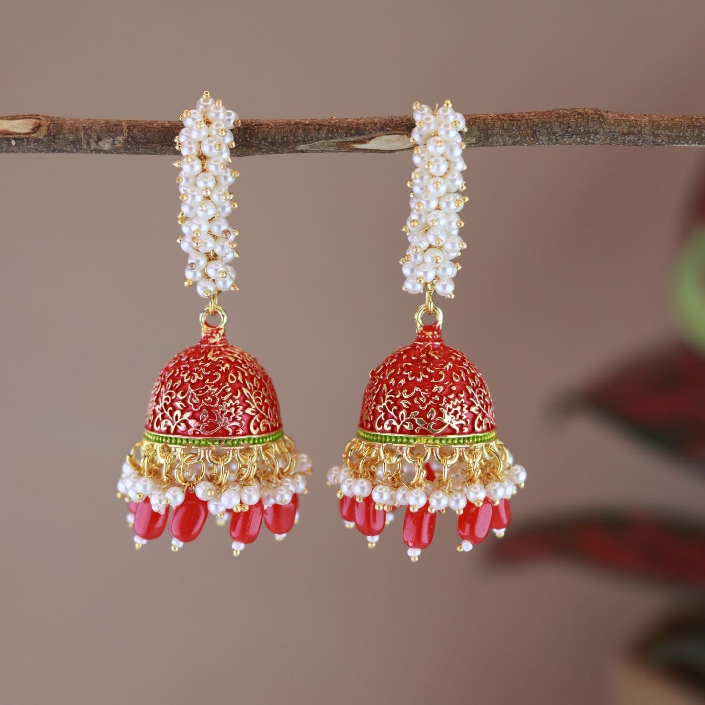 Women's Gold Plated Traditional Meenakari Handcrafted Red Pearl Jhumki Earrings (E3072R)