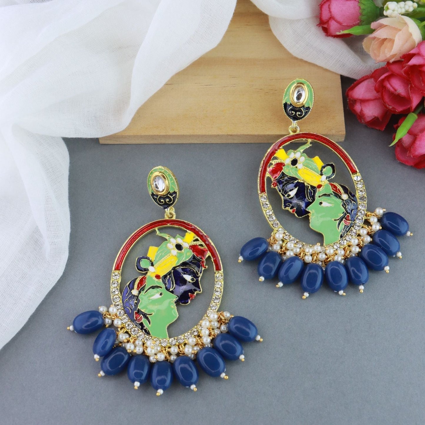Women's 18K Gold Plated Traditional Meenakari Temple Radha Krishna Jhumka Earrings (E3075Bl)