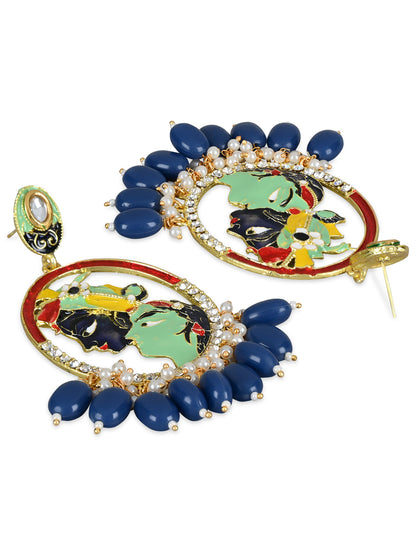 Women's 18K Gold Plated Traditional Meenakari Temple Radha Krishna Jhumka Earrings (E3075Bl)