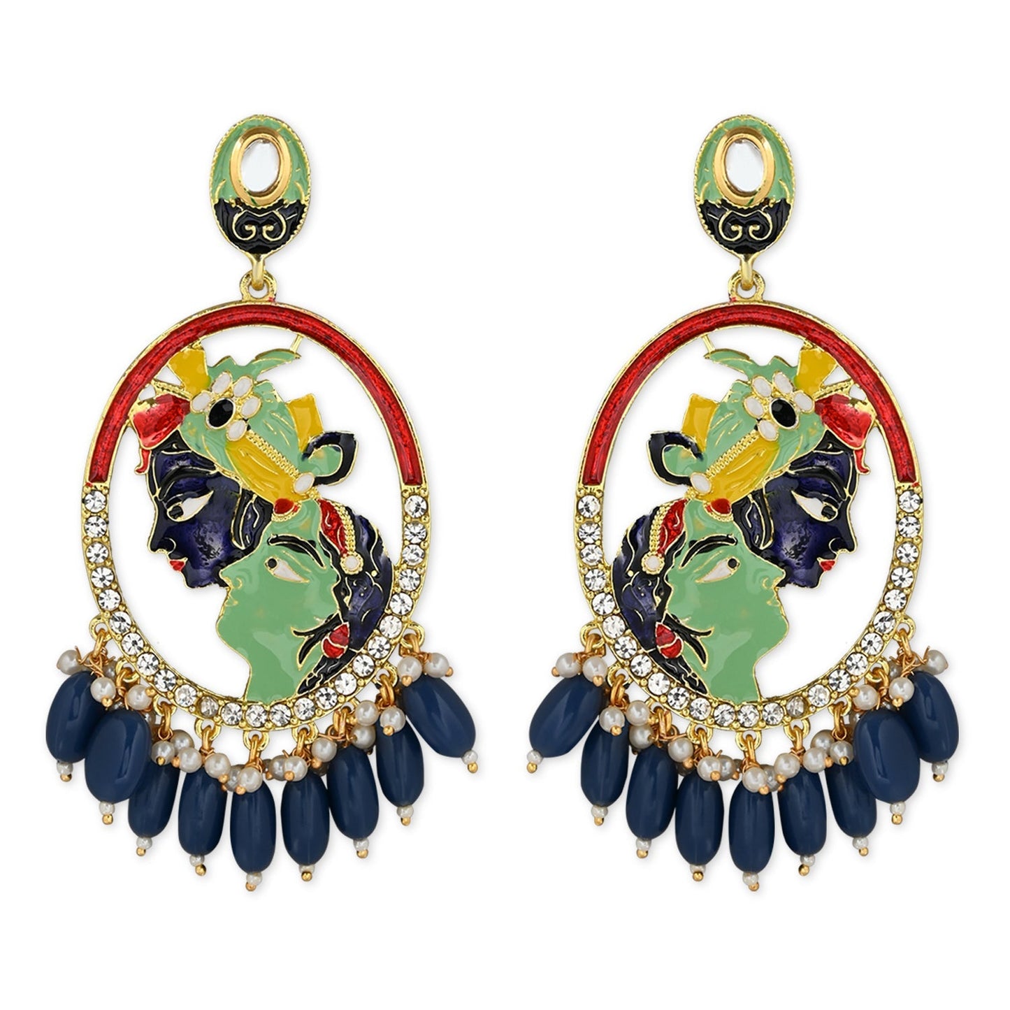 Women's 18K Gold Plated Traditional Meenakari Temple Radha Krishna Jhumka Earrings (E3075Bl)
