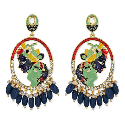 Women's 18K Gold Plated Traditional Meenakari Temple Radha Krishna Jhumka Earrings (E3075Bl)