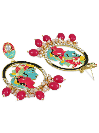 Women's 18K Gold Plated Traditional Meenakari Temple Radha Krishna Jhumka Earrings (E3075Q)