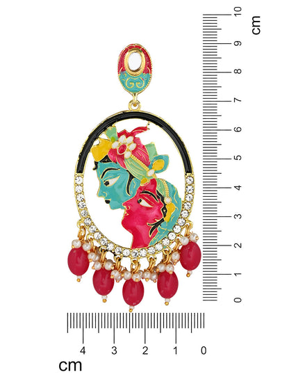 Women's 18K Gold Plated Traditional Meenakari Temple Radha Krishna Jhumka Earrings (E3075Q)