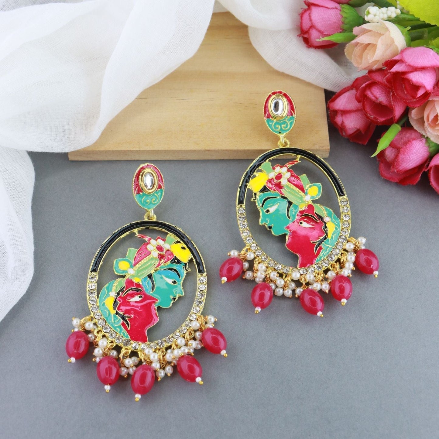Women's 18K Gold Plated Traditional Meenakari Temple Radha Krishna Jhumka Earrings (E3075Q)