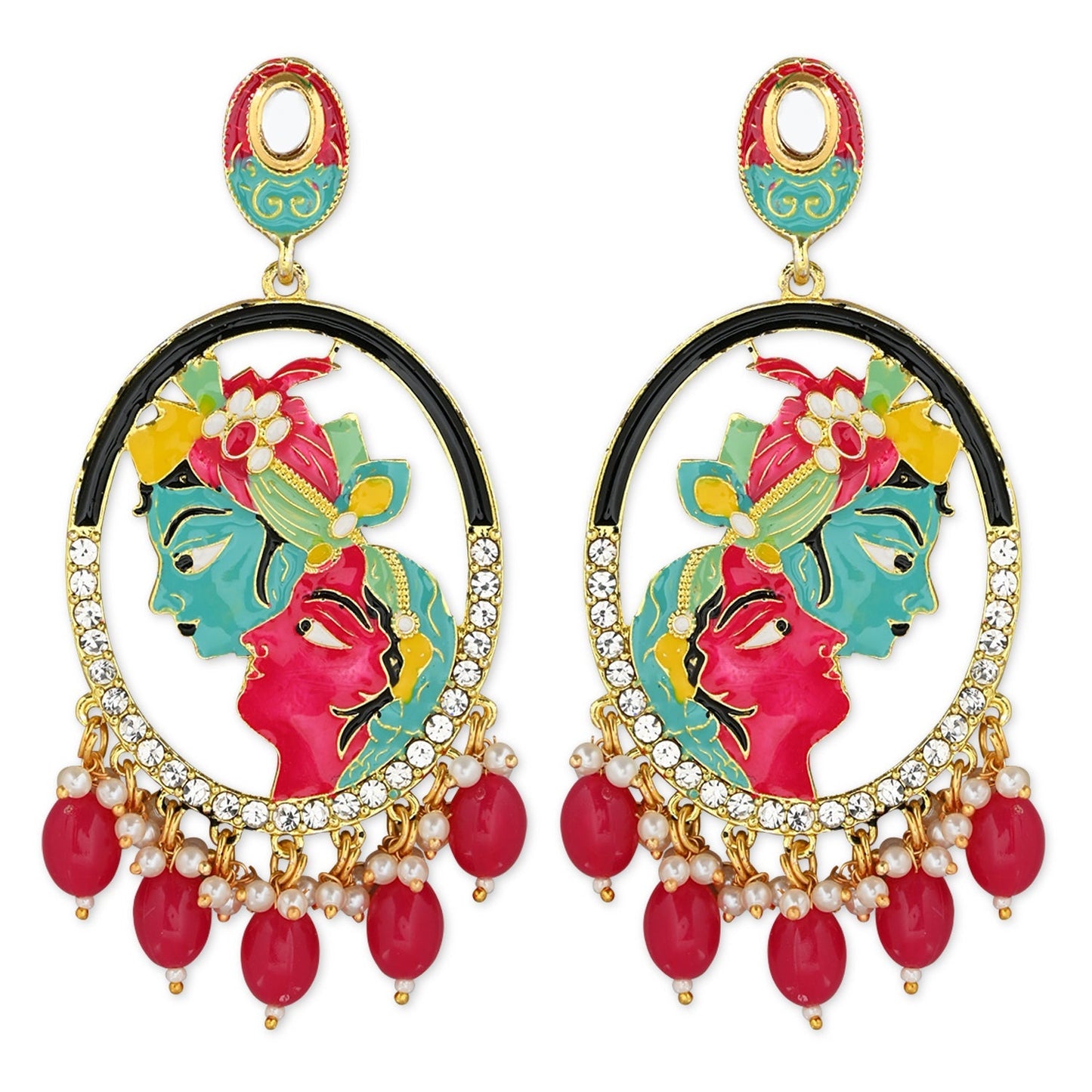 Women's 18K Gold Plated Traditional Meenakari Temple Radha Krishna Jhumka Earrings (E3075Q)