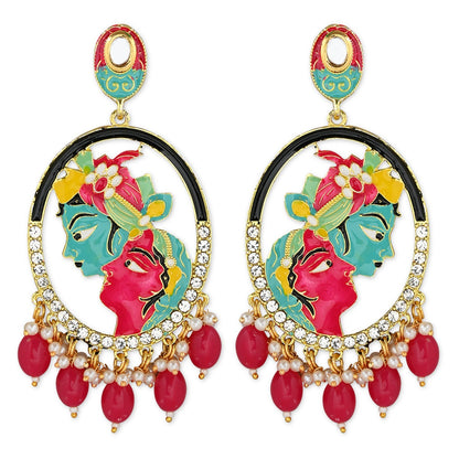 Women's 18K Gold Plated Traditional Meenakari Temple Radha Krishna Jhumka Earrings (E3075Q)