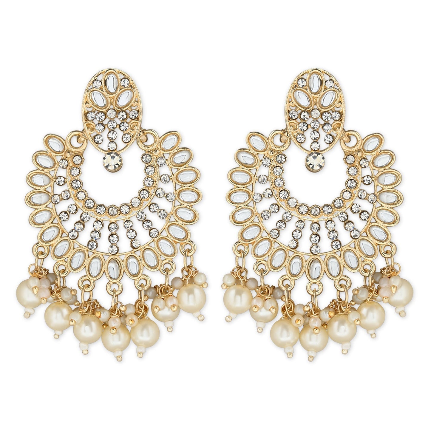 Women's 18K Gold Plated Intricately Designed Traditional Chandbali Earrings Glided With Kundans & Pearls (E3076W)