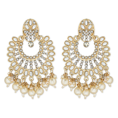 Women's 18K Gold Plated Intricately Designed Traditional Chandbali Earrings Glided With Kundans & Pearls (E3076W)