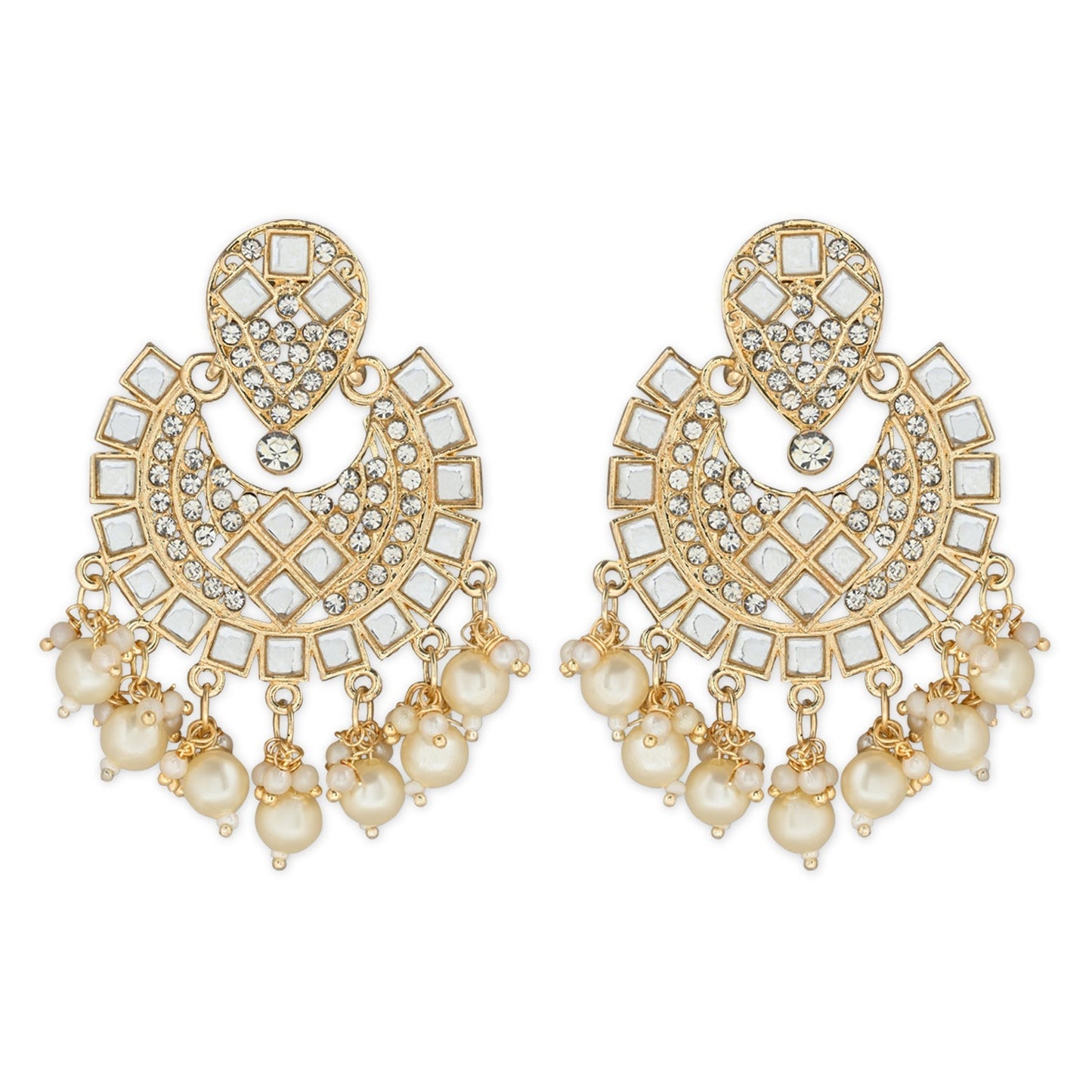Women's 18K Gold Plated Intricately Designed Traditional Chandbali Earrings Glided With Kundans & Pearls (E3077W)