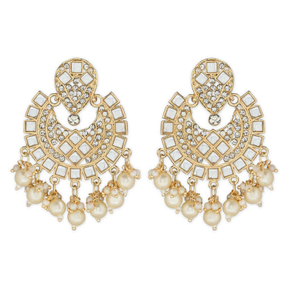 Women's 18K Gold Plated Intricately Designed Traditional Chandbali Earrings Glided With Kundans & Pearls (E3077W)