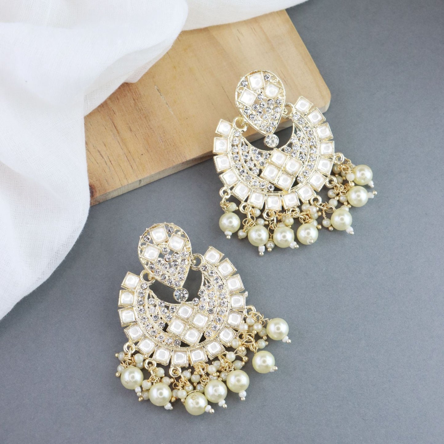 Women's 18K Gold Plated Intricately Designed Traditional Chandbali Earrings Glided With Kundans & Pearls (E3077W)