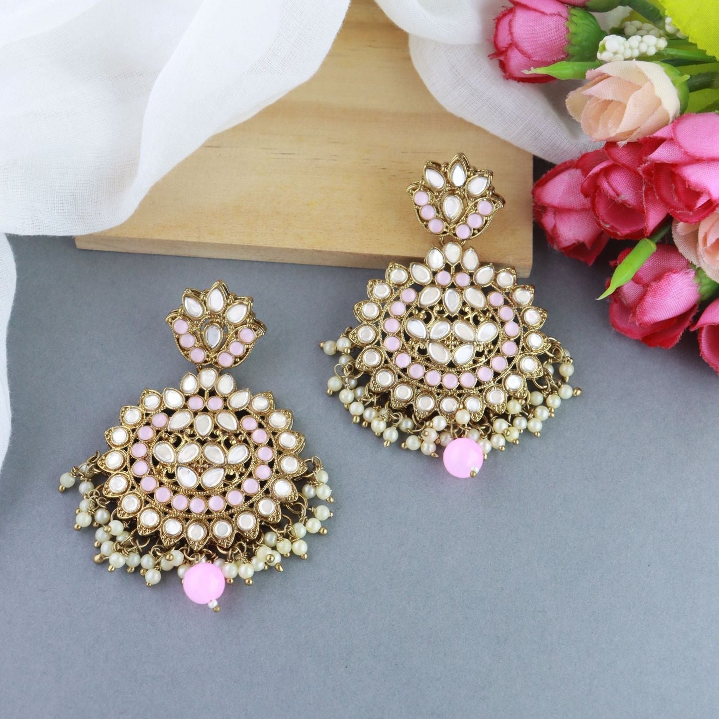 Women's 18K Gold Plated Traditional Kundan & Stone Studded Chandbali Earrings (E3078Pi)