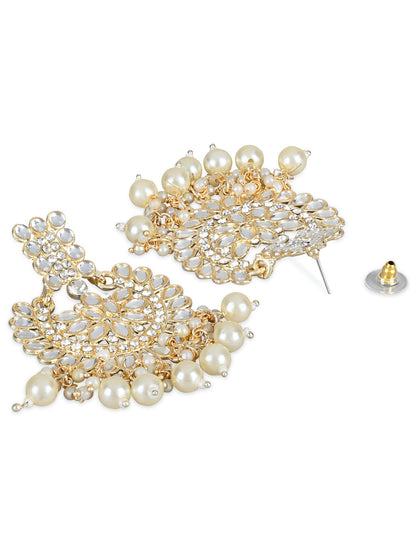 Women's 18K Gold Plated Intricately Designed Traditional Chandbali Earrings Glided With Kundans & Pearls (E3081W)