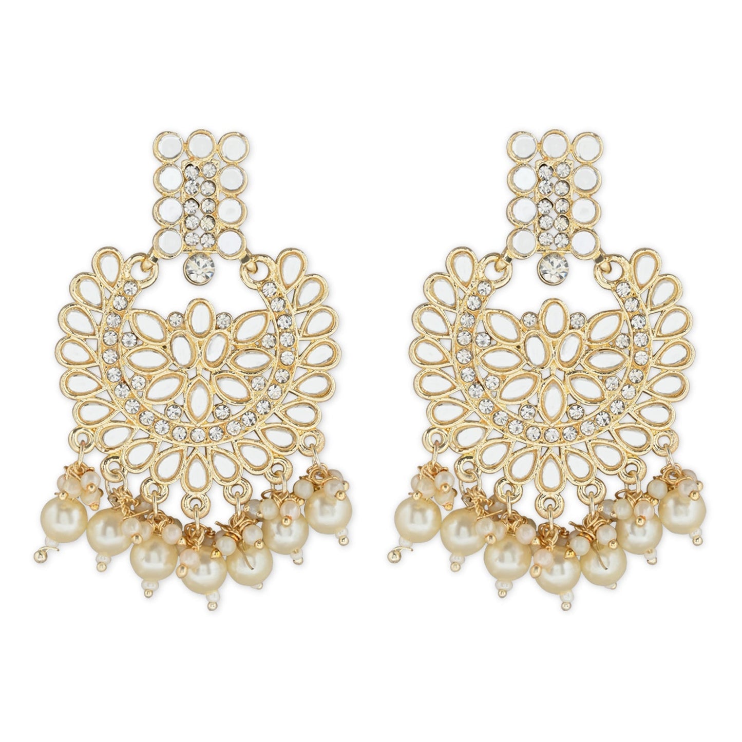 Women's 18K Gold Plated Intricately Designed Traditional Chandbali Earrings Glided With Kundans & Pearls (E3081W)
