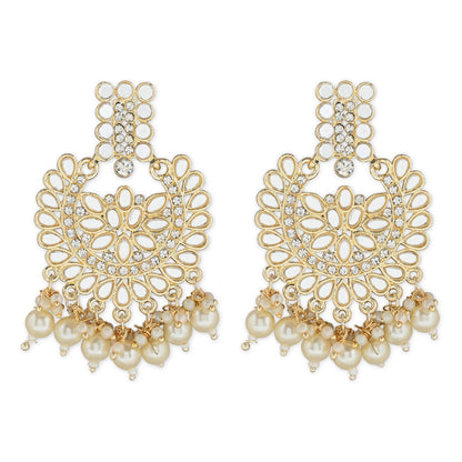 Women's 18K Gold Plated Intricately Designed Traditional Chandbali Earrings Glided With Kundans & Pearls (E3081W)