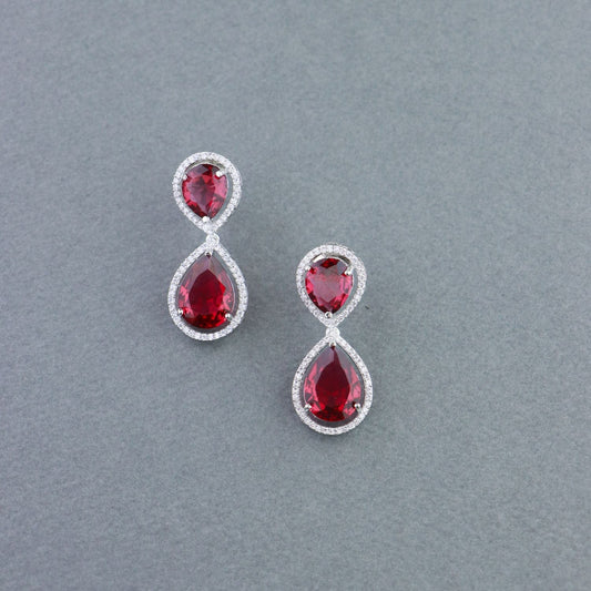 Women's 18K Silver Plated Red Cz & American Diamond Stone Studded Beautiful Earrings