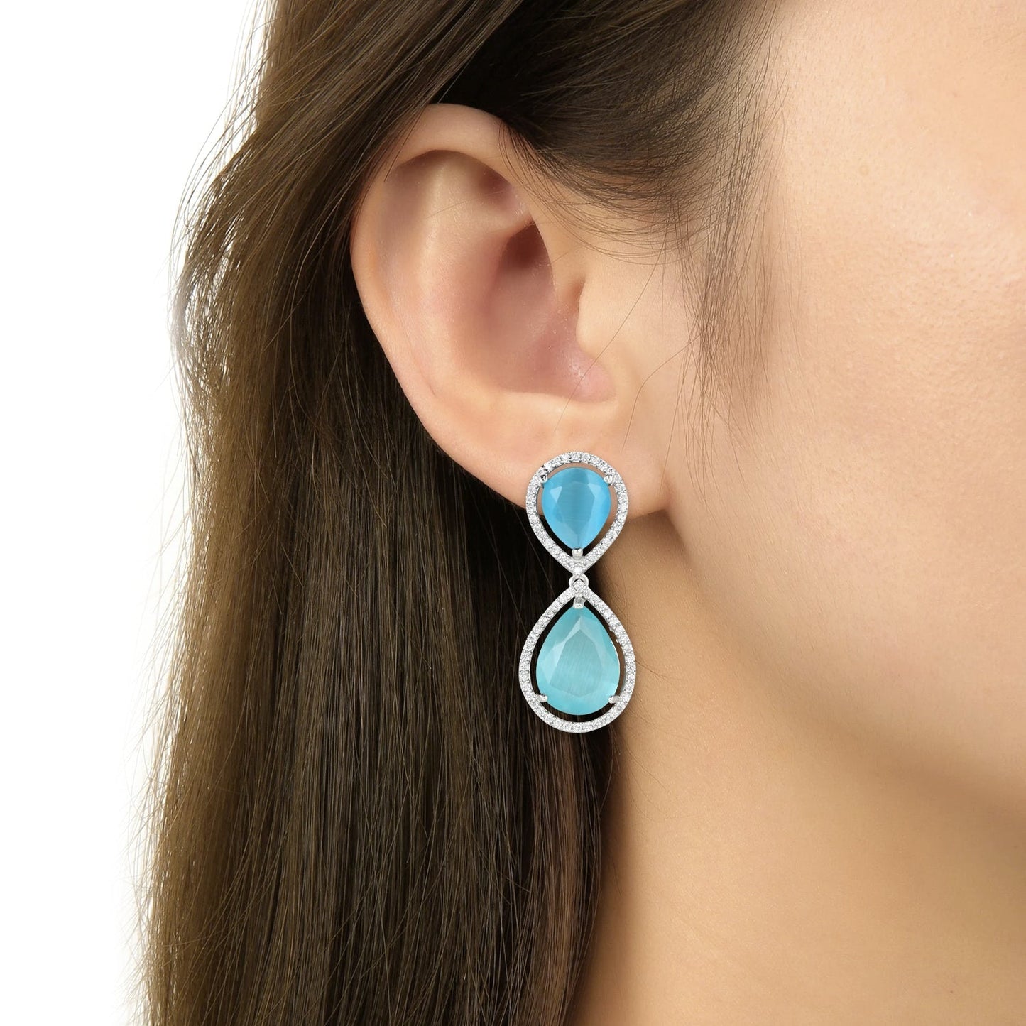 Women's 18K Silver Plated Blue Cz & American Diamond Stone Studded Beautiful Earrings